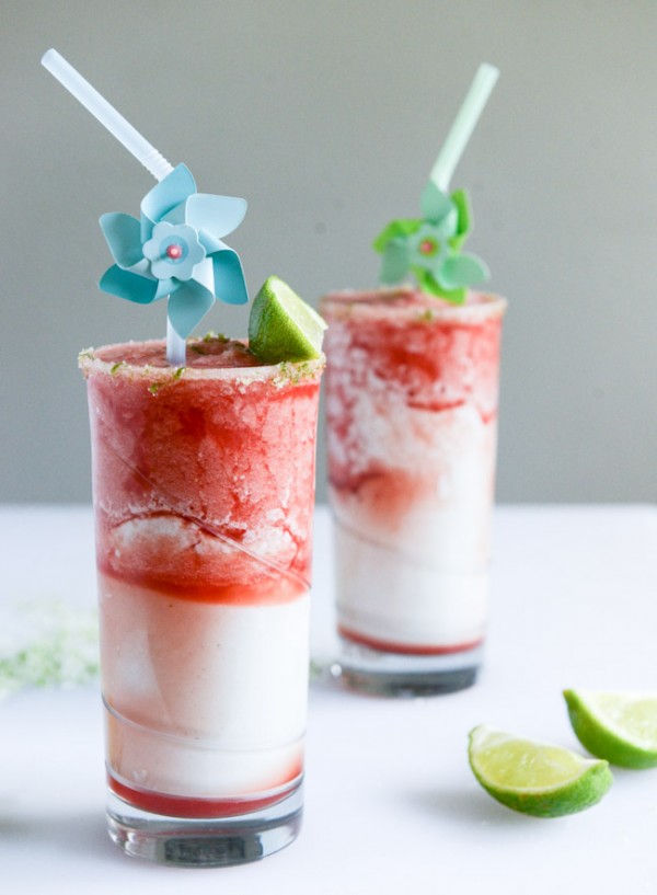 Layered Watermelon Coconut Shakes with Salty Lime Sugar by How Sweet Eats.